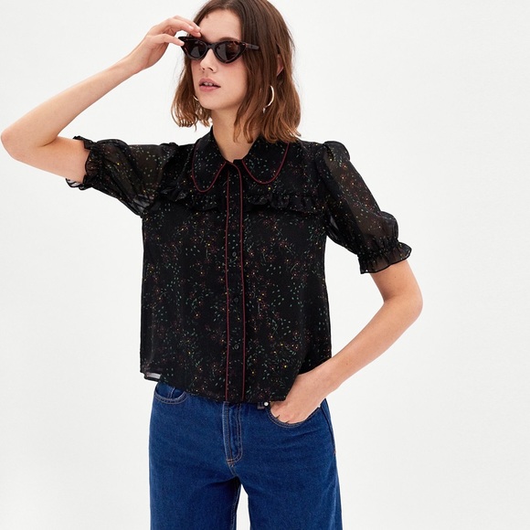 Zara Tops - Zara Floral Semi Sheer Button Up Blouse